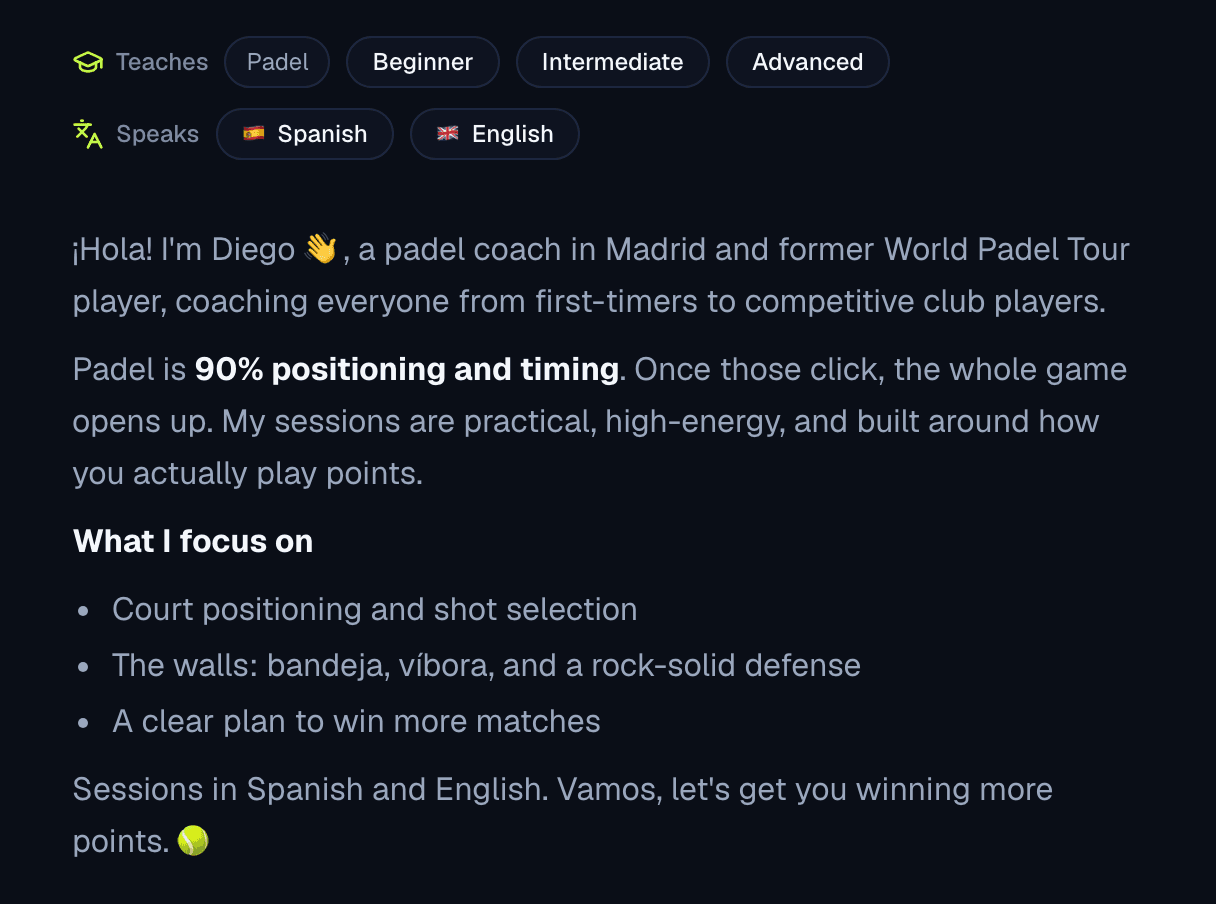 Profile section listing sports, levels, languages and bio